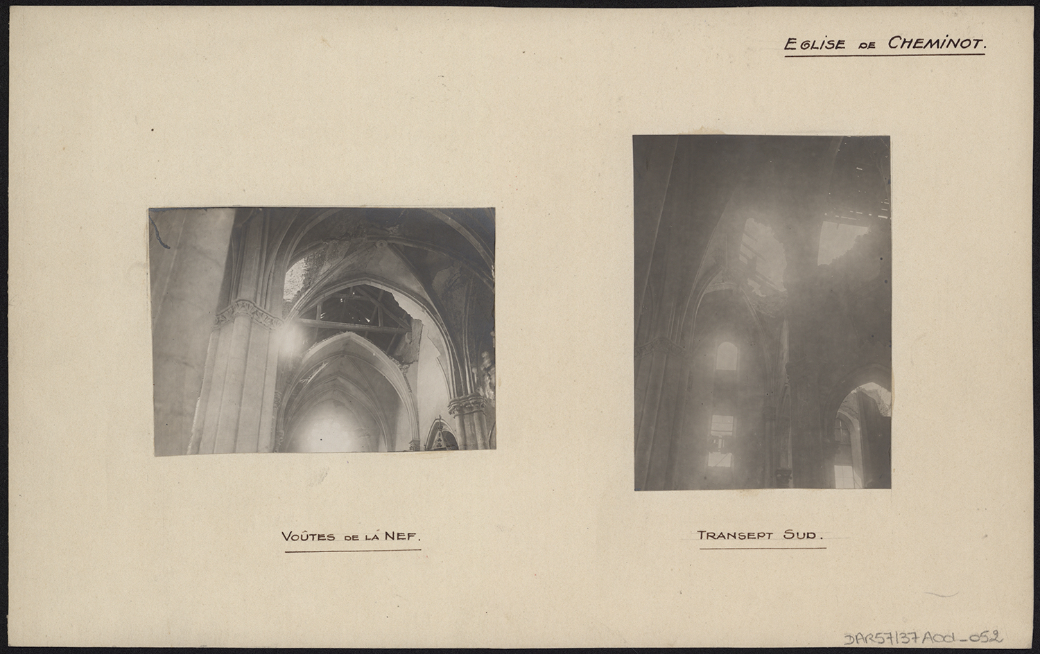 Dommages de guerre, vues des voûtes de la nef et du transept sud. 