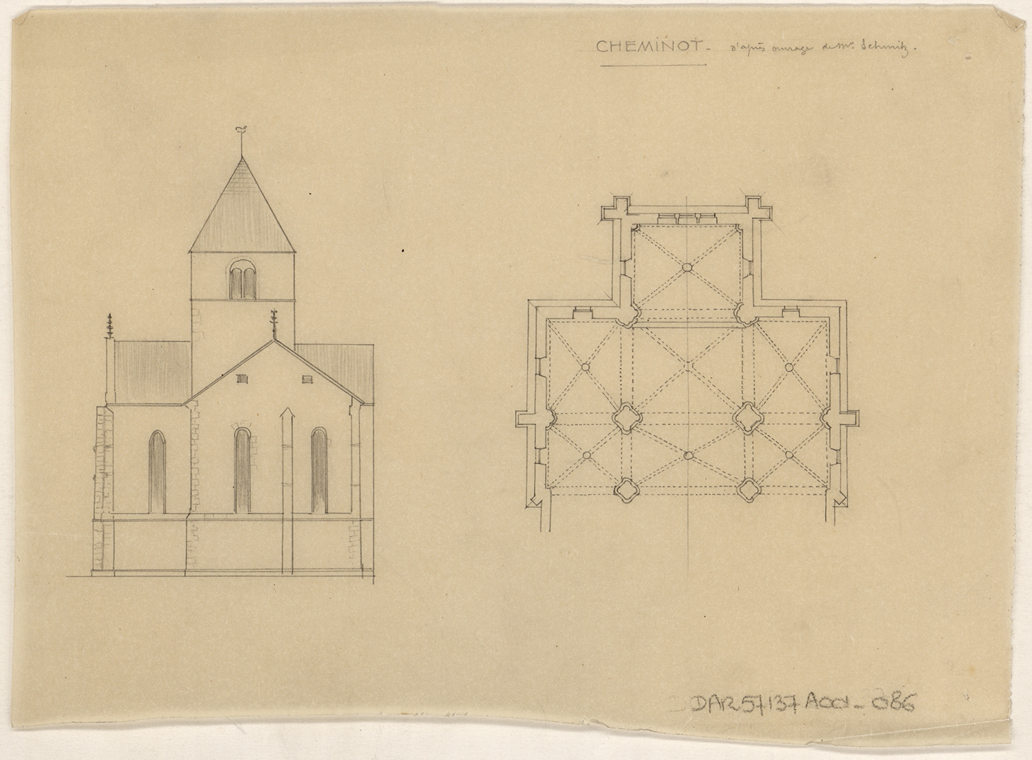 Plan de masse du chevet et du transept, élévation du chevet.