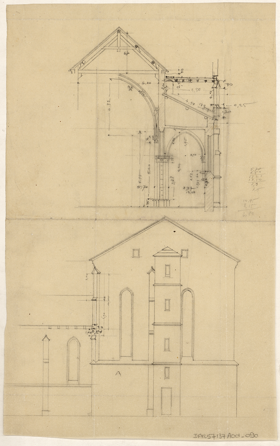 Elévation et coupe transversale sur le transept sud.