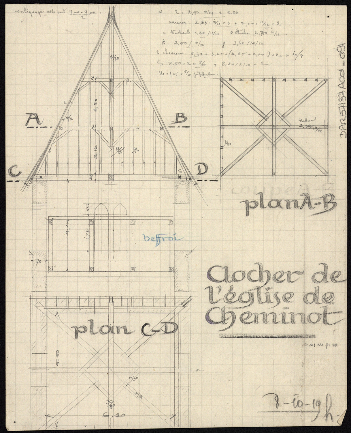 Clocher, plans de niveau et coupe sur la charpente.