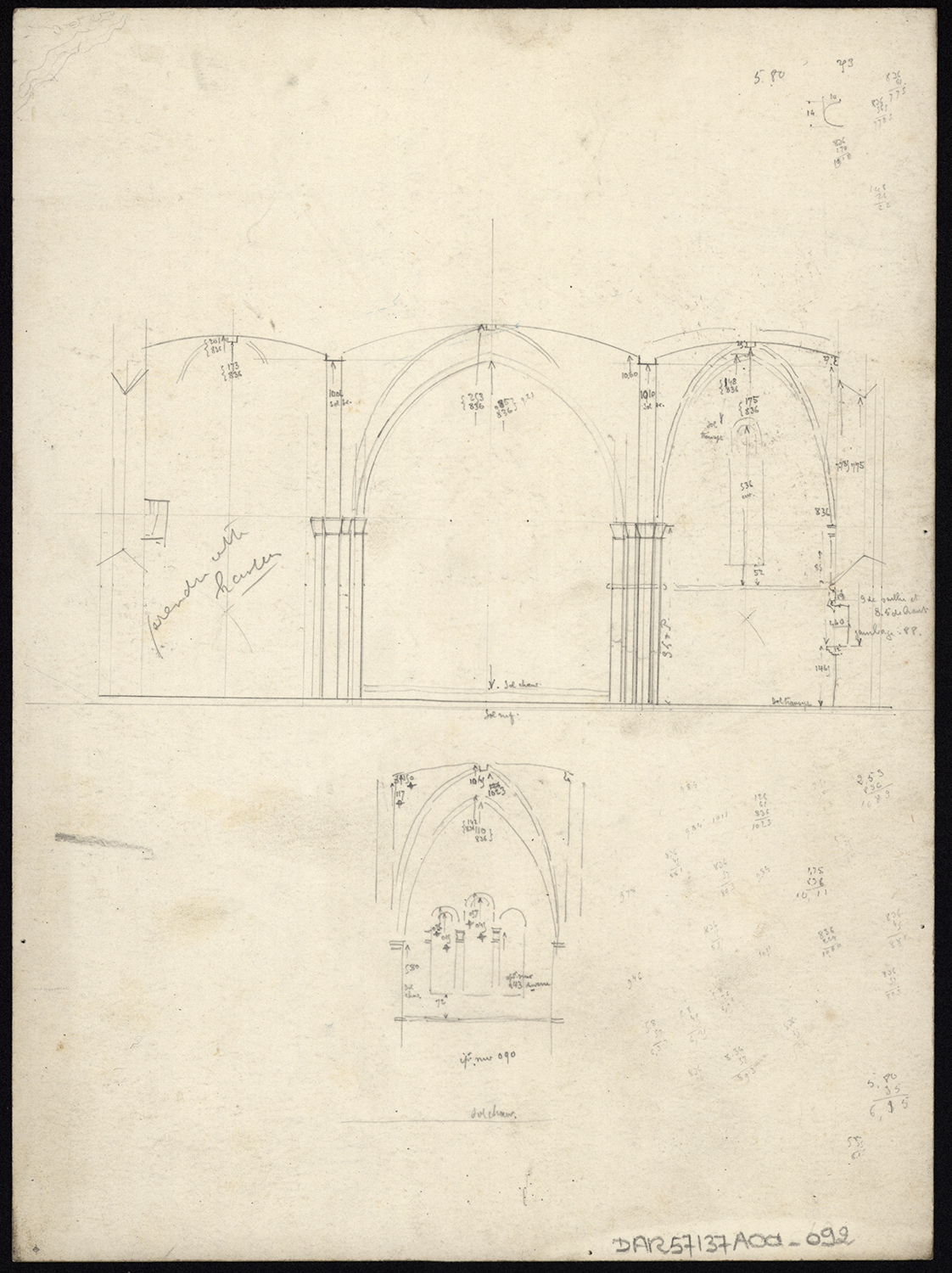 Elévation intérieure du chevet et coupe longitudinale sur la nef.