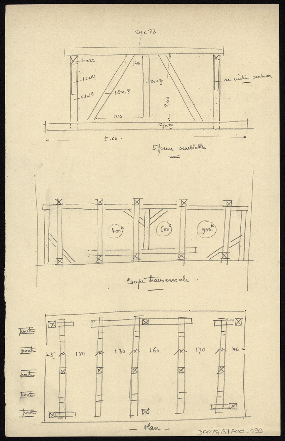 Plans et coupe transversale sur la charpente de la nef.