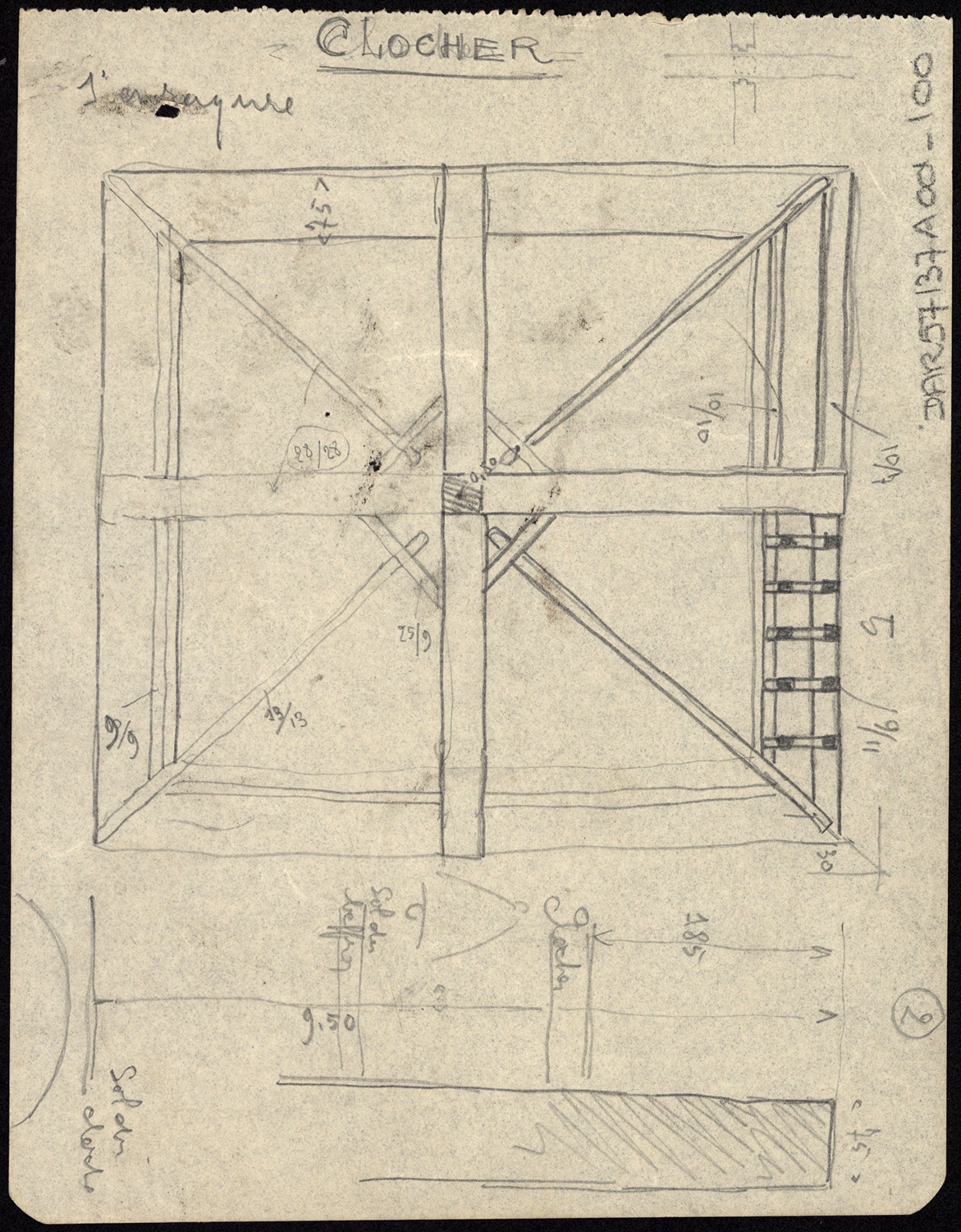 Clocher, plan de niveau de la charpente.