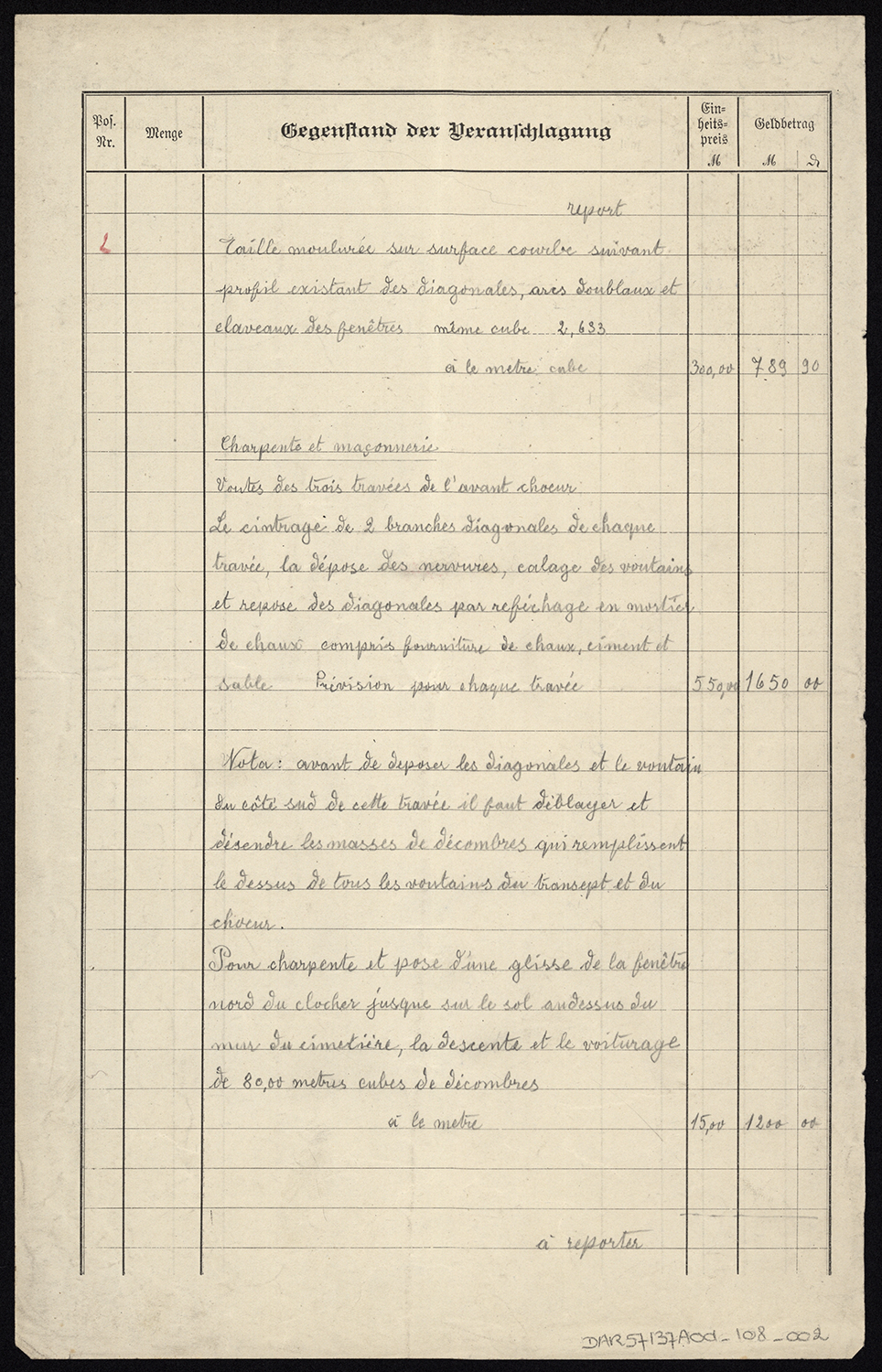 Compte manuscrit relatif à des travaux de charpente et de maçonnerie.