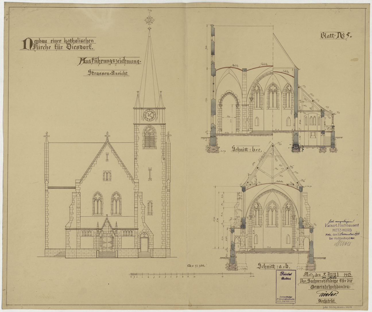 Elévation de la façade occidentale, coupes longitudinale et transversale sur le choeur.