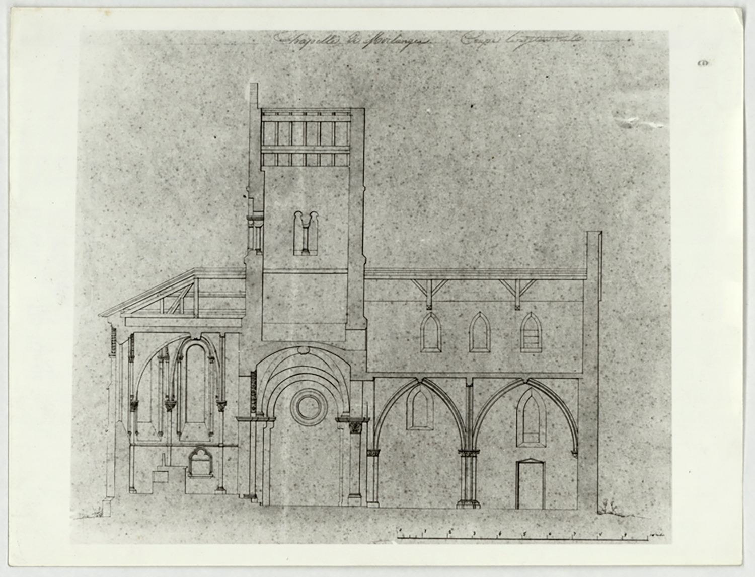 Projet de restauration, coupe longitudinale sur la façade nord. 