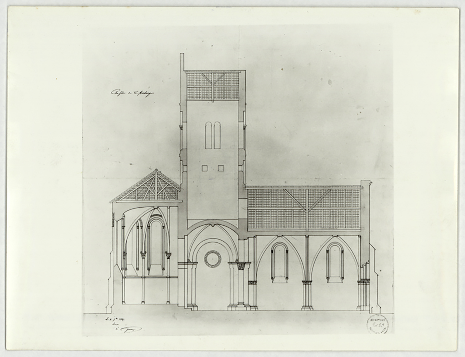 Coupe longitudinale sur la façade nord datée 1849. 