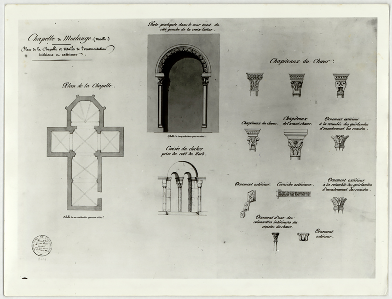 Plan de masse et détails de l’ornementation sculptée intérieure et extérieure.