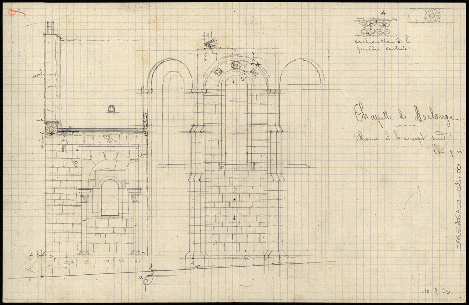 Croquis d’architecture, relevé du chevet et du transept sud, détail de l’archivolte de la baie centrale du chevet.