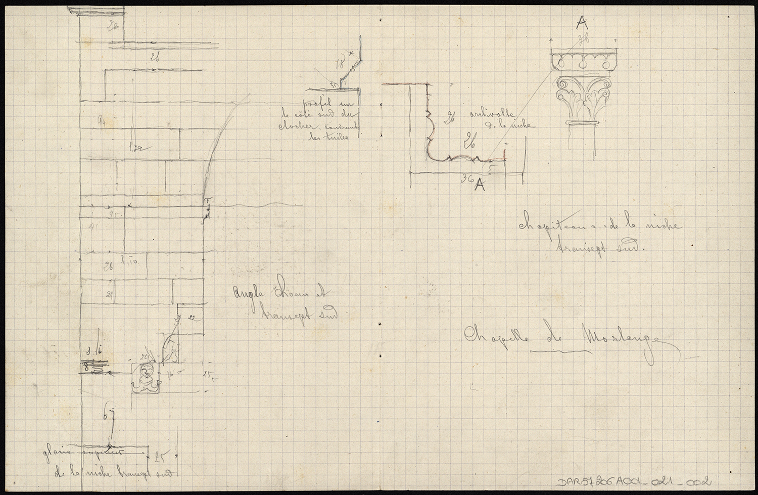 Croquis d’architecture, relevé de l’angle du choeur et du transept sud, détails de l’archivolte d’un chapiteau de la niche du transept sud.
