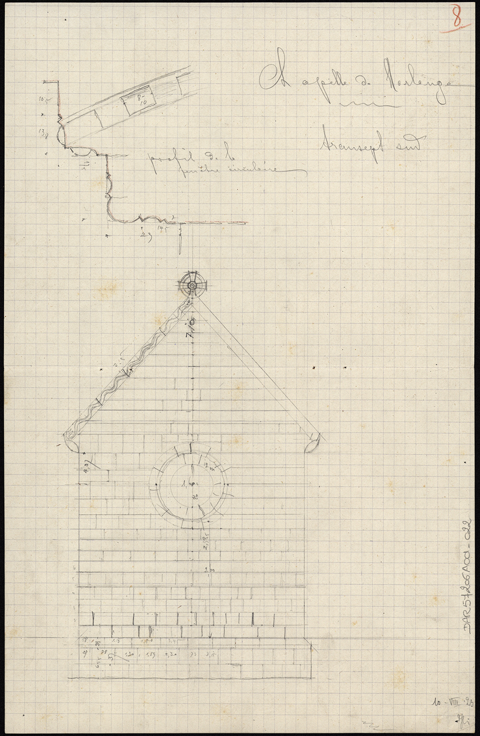 Croquis d’architecture, relevé du transept sud et profil de la corniche de l’oculus.