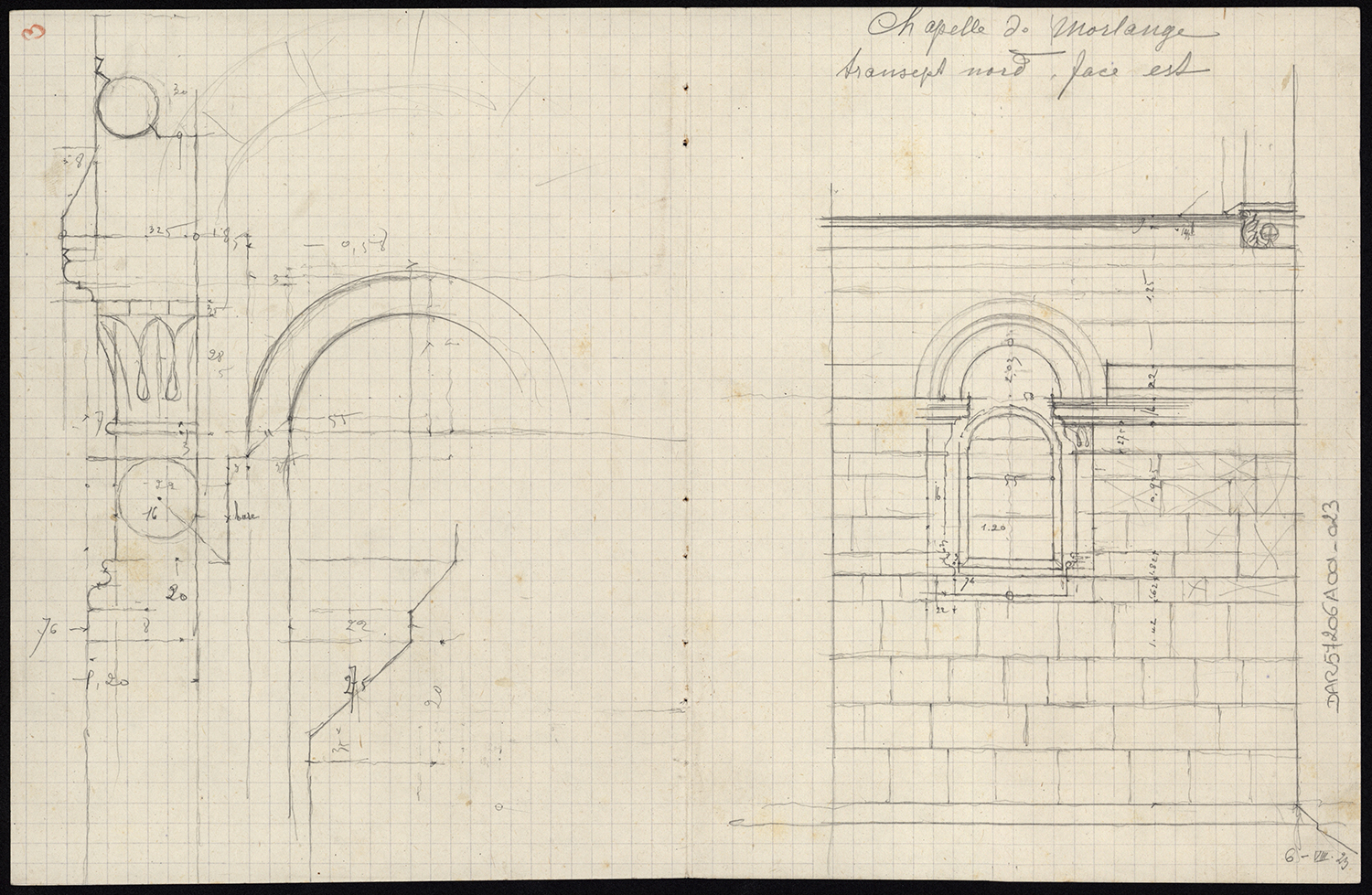 Croquis d’architecture, relevé du transept nord du côté est et détail d’un piédroit de la baie.