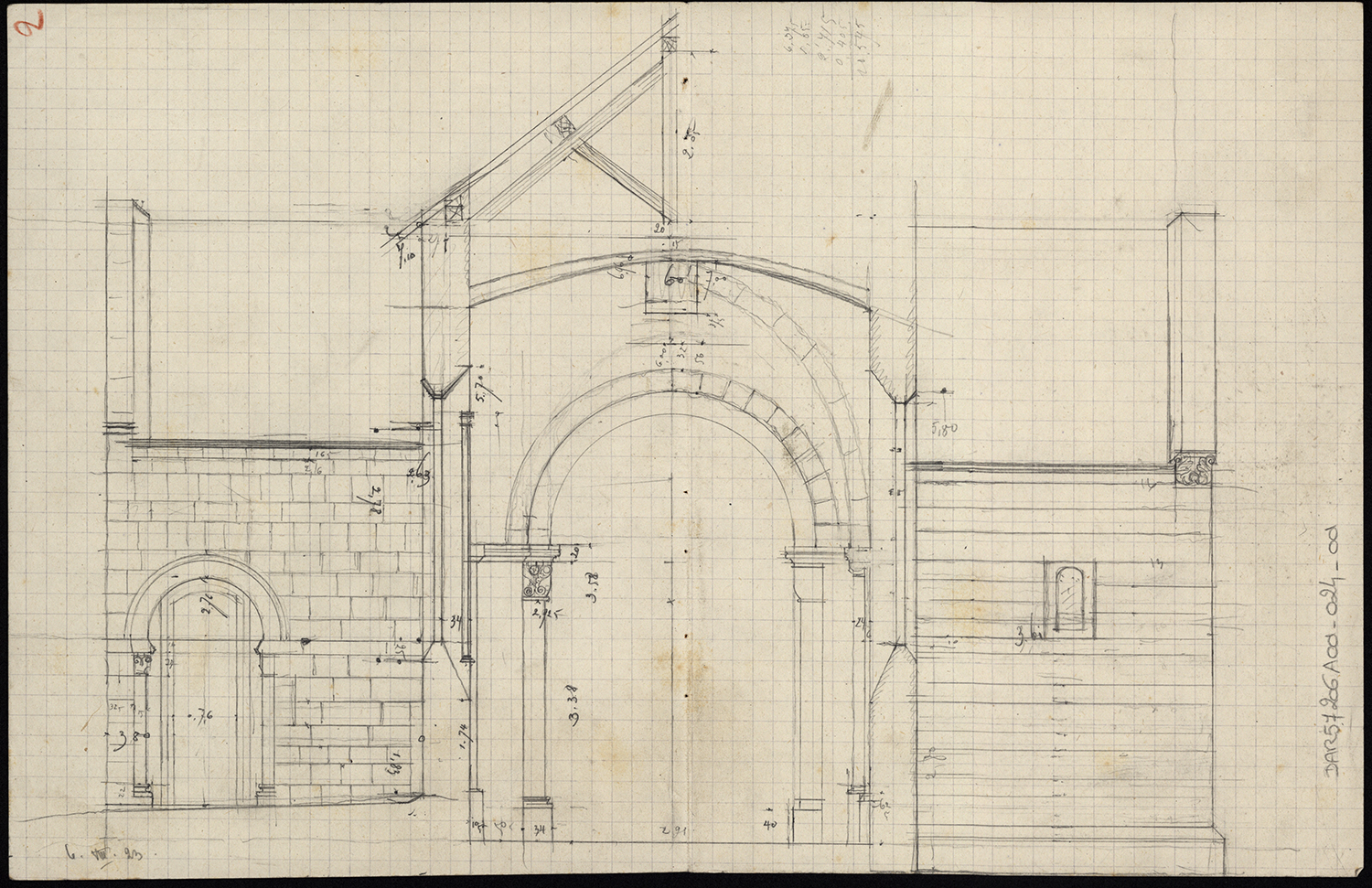 Croquis d’architecture, coupe transversale sur la nef. 