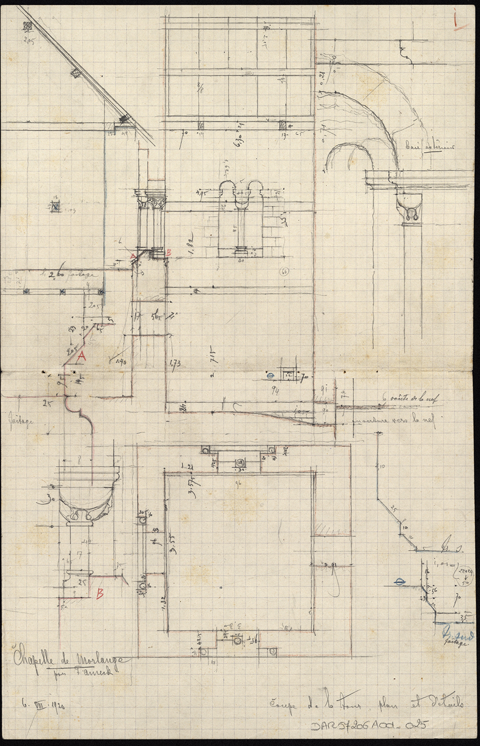 Croquis d’architecture, plan, coupe et détail de la tour de croisée.