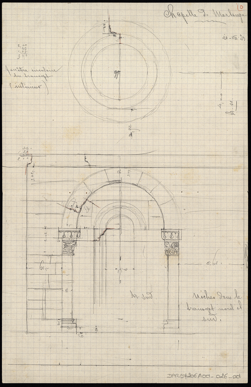Croquis d’architecture, détail des niches et d’un oculus du transept.