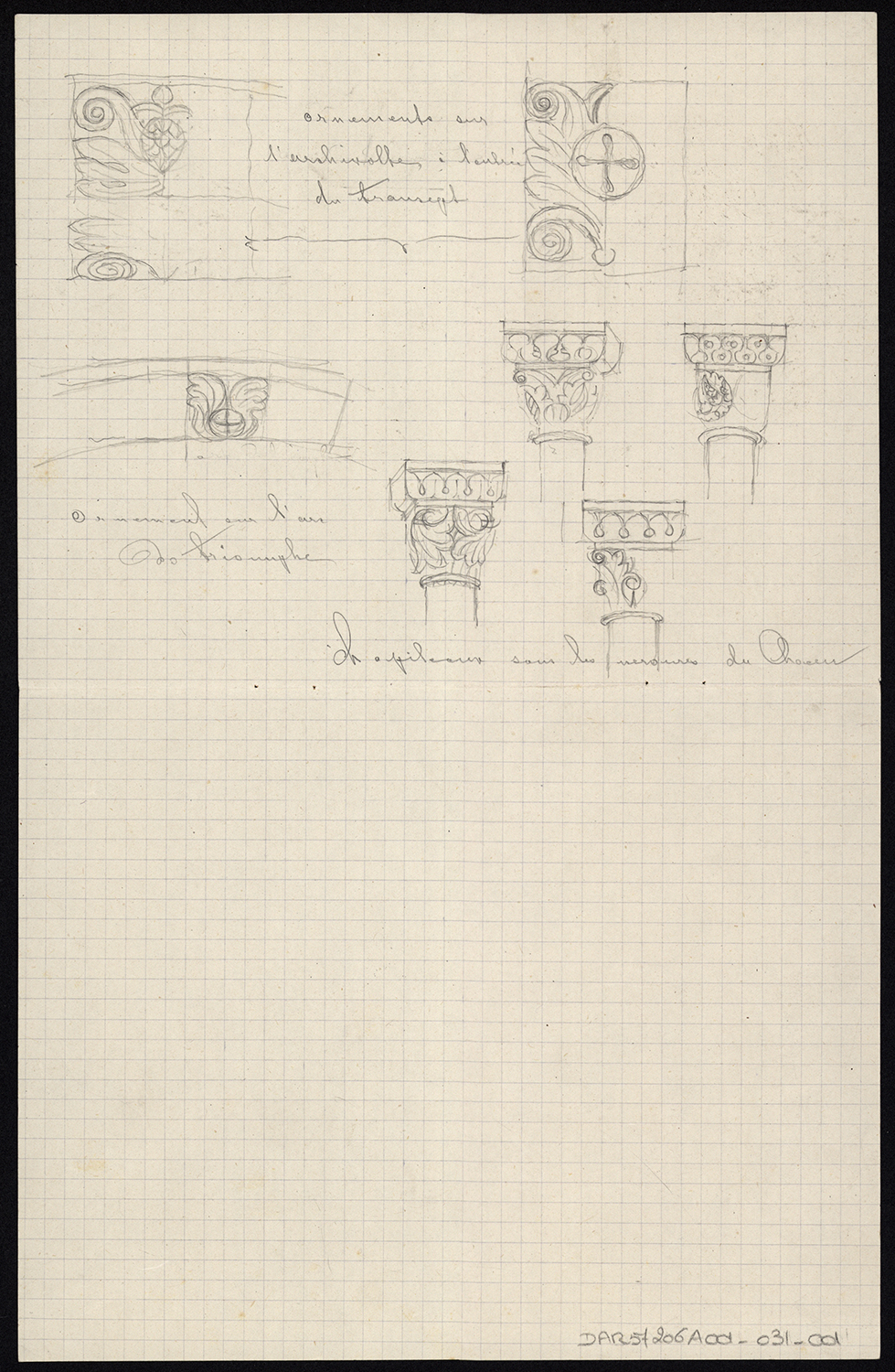 Croquis d’architecture, détails de l’archivolte à l’entrée du transept, de l’arc de triomphe et de chapiteaux du choeur.
