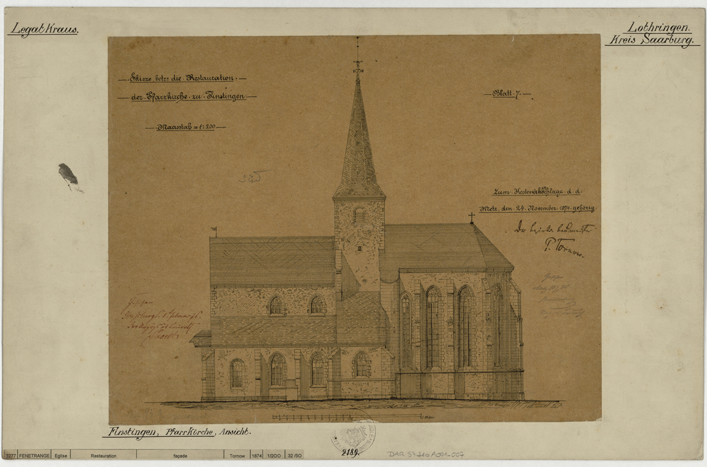 Projet de restauration, élévation de la façade sud. 