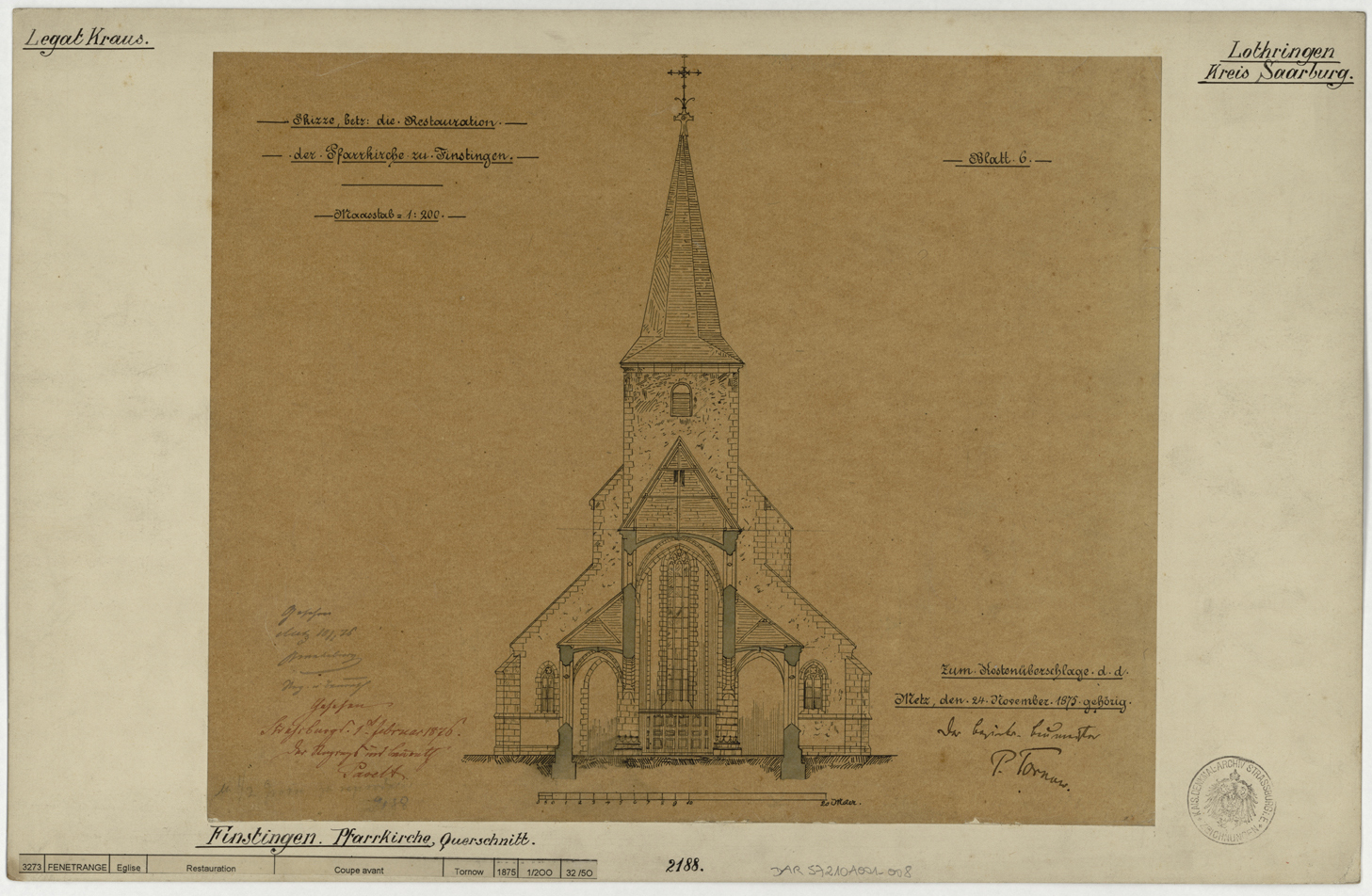 Projet de restauration, coupe transversale sur la nef. 