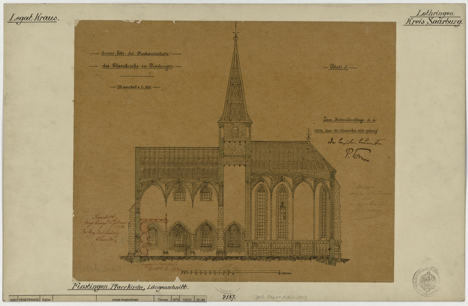 Projet de restauration, coupe longitudinale sur la façade sud.