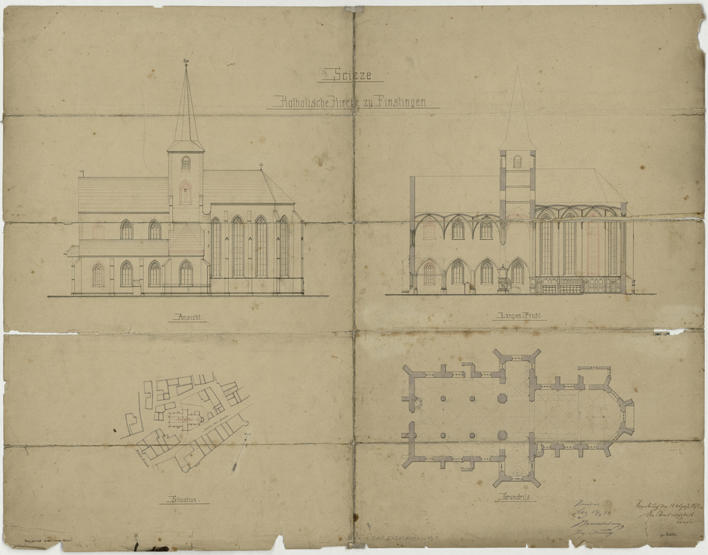 Plan de situation, plan de masse, élévation et coupe longitudinale sur la façade sud.
