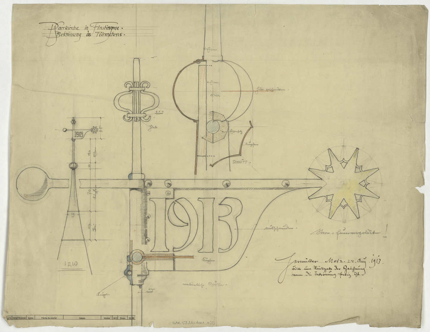 Coupes et détails de la flèche du clocher.