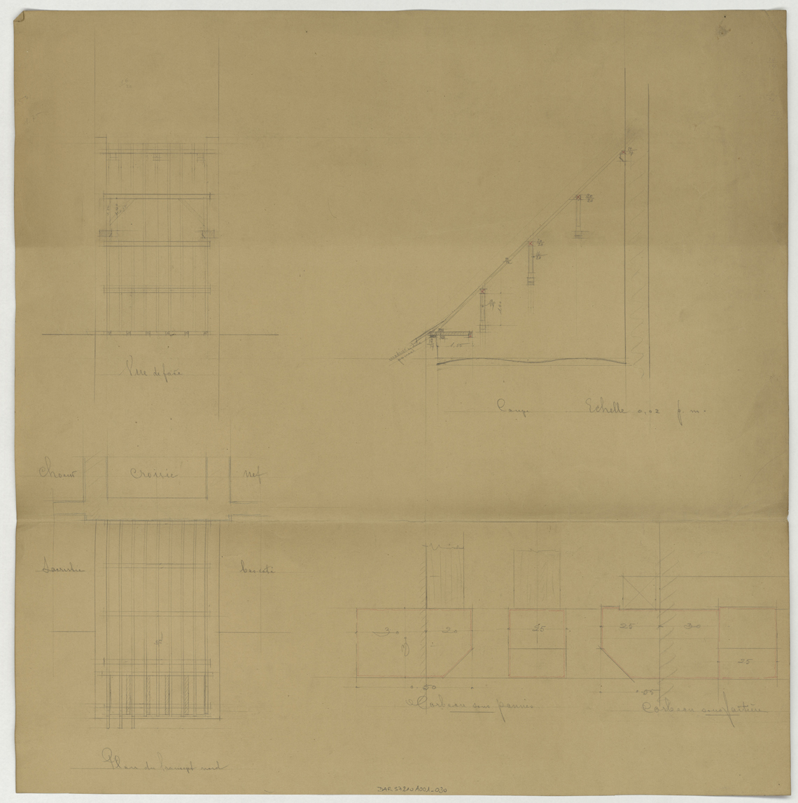 Transept nord, plans, coupe sur la charpente et détails.