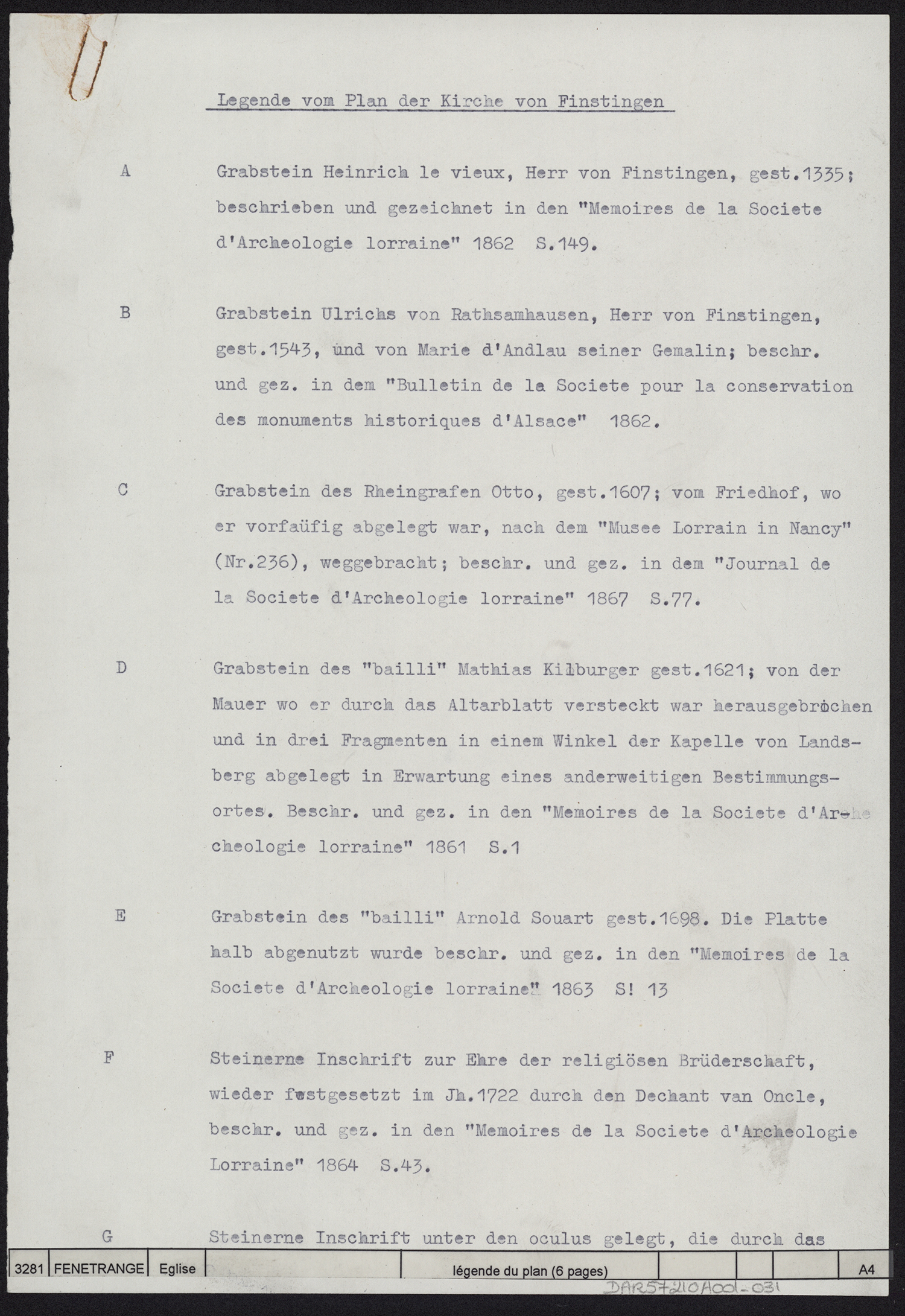 Légende d’un plan de l’église, note dactylographiée décrivant les éléments mobiliers en place.