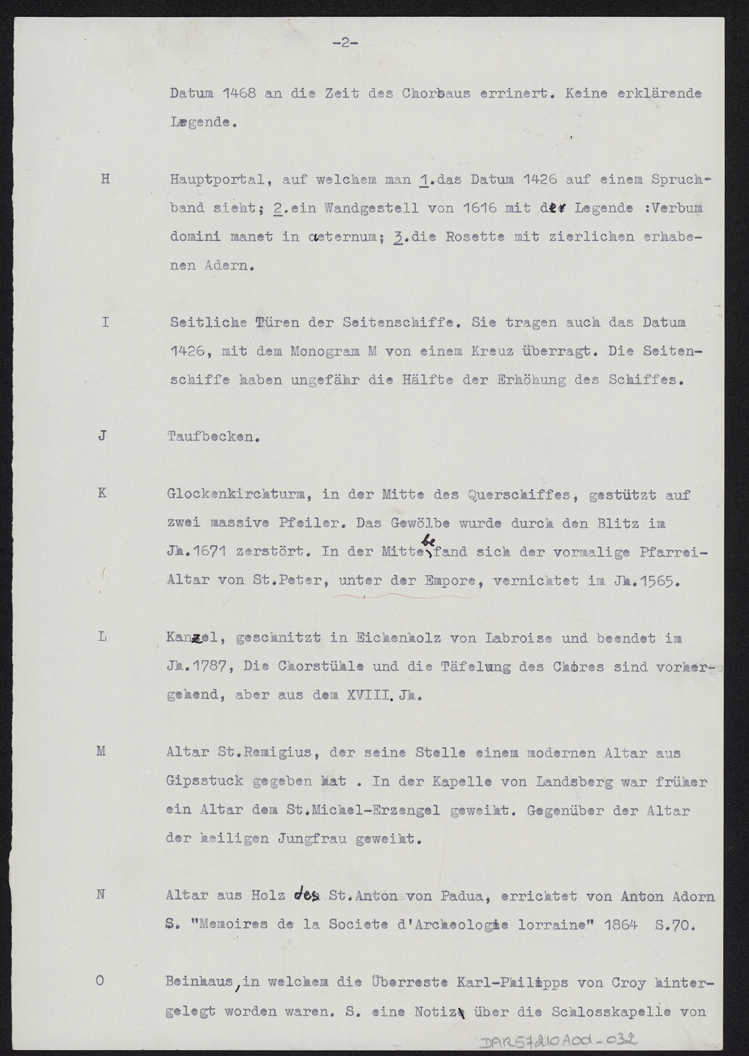 Légende d’un plan de l’église, note dactylographiée décrivant les éléments mobiliers en place.