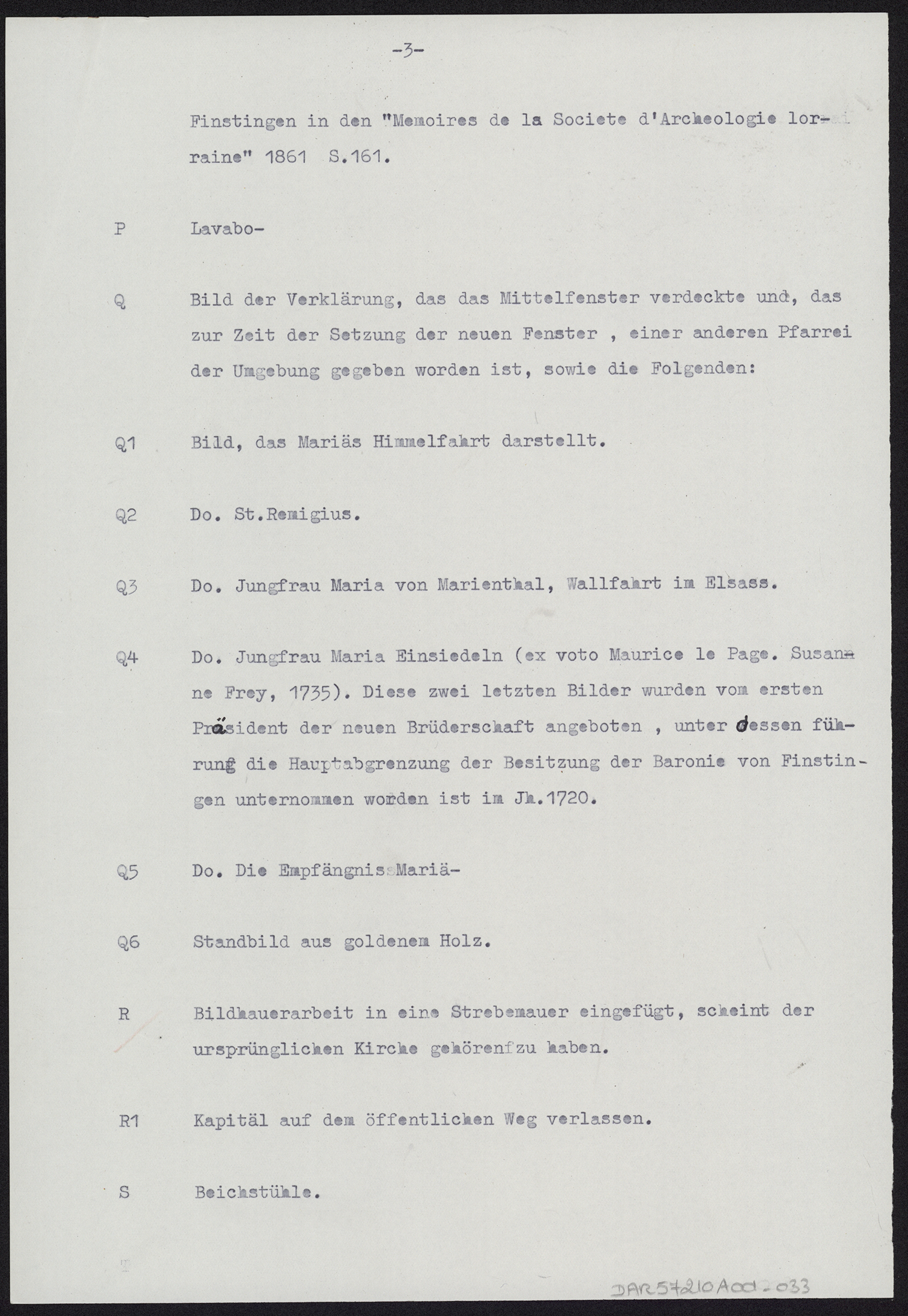 Légende d’un plan de l’église, note dactylographiée décrivant les éléments mobiliers en place.