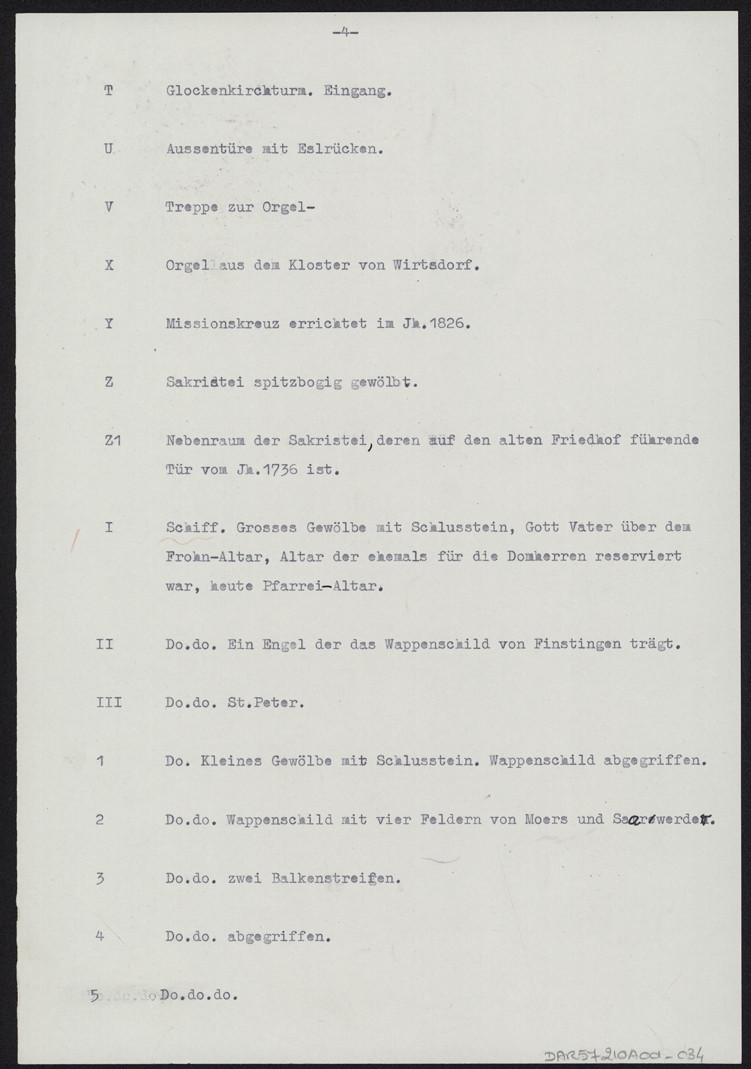 Légende d’un plan de l’église, note dactylographiée décrivant les éléments mobiliers en place.