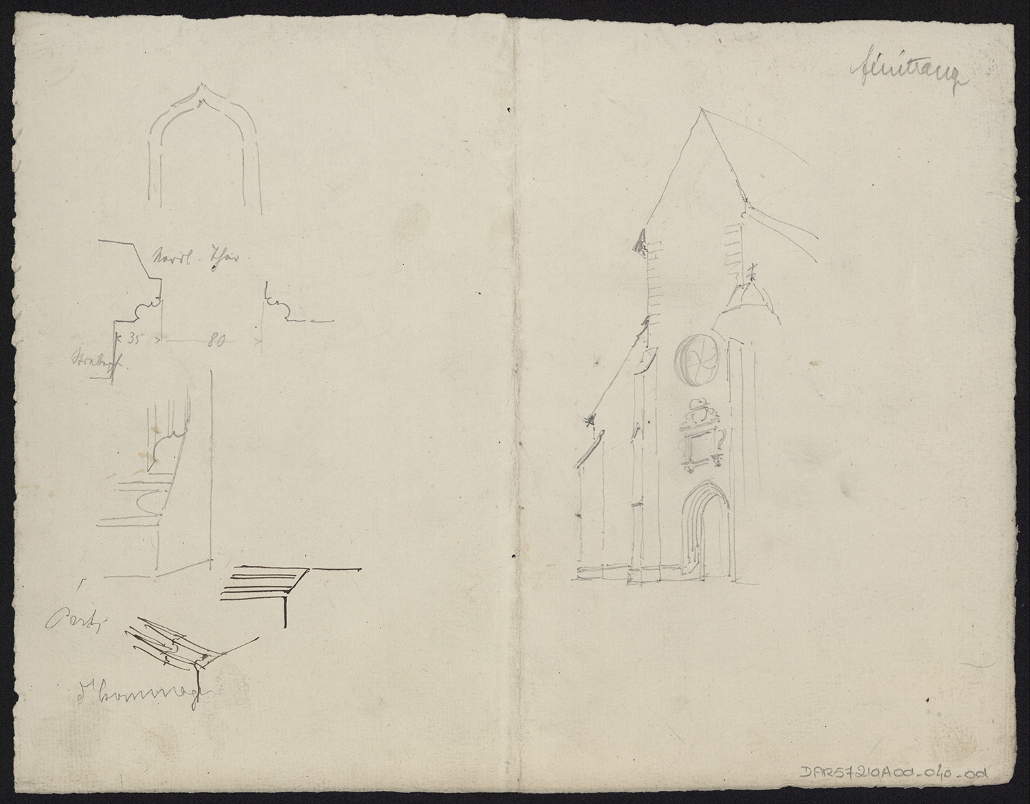 Croquis de la façade occidentale vue du côté sud-ouest et de modénatures.