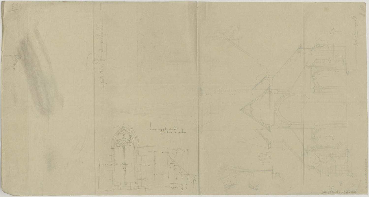 Coupe transversale et croquis d’une baie ouest du transept sud.