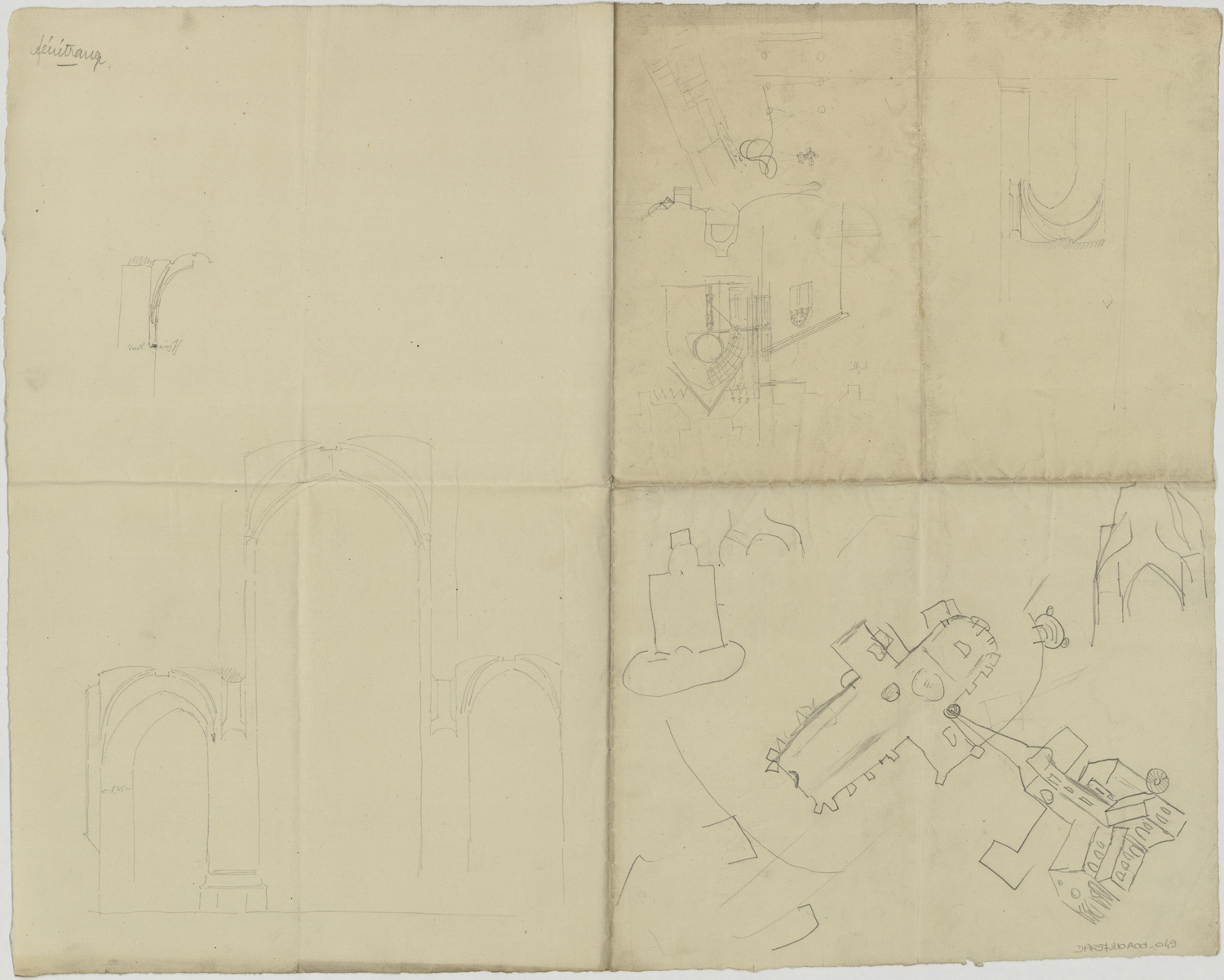 Plan de masse, élévation, coupes transversale et sur un bas-côté, croquis d’un portail à double vantaux et d’une baie.