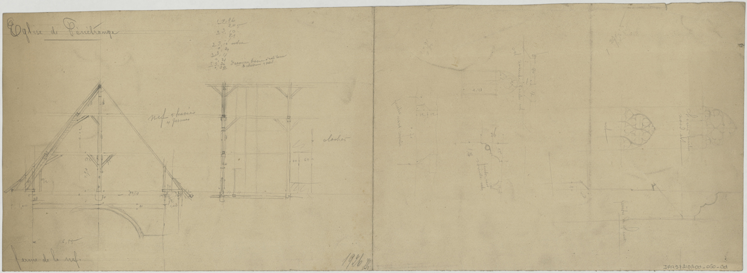 Coupe sur les charpentes de la nef et du clocher, croquis de baies du choeur.