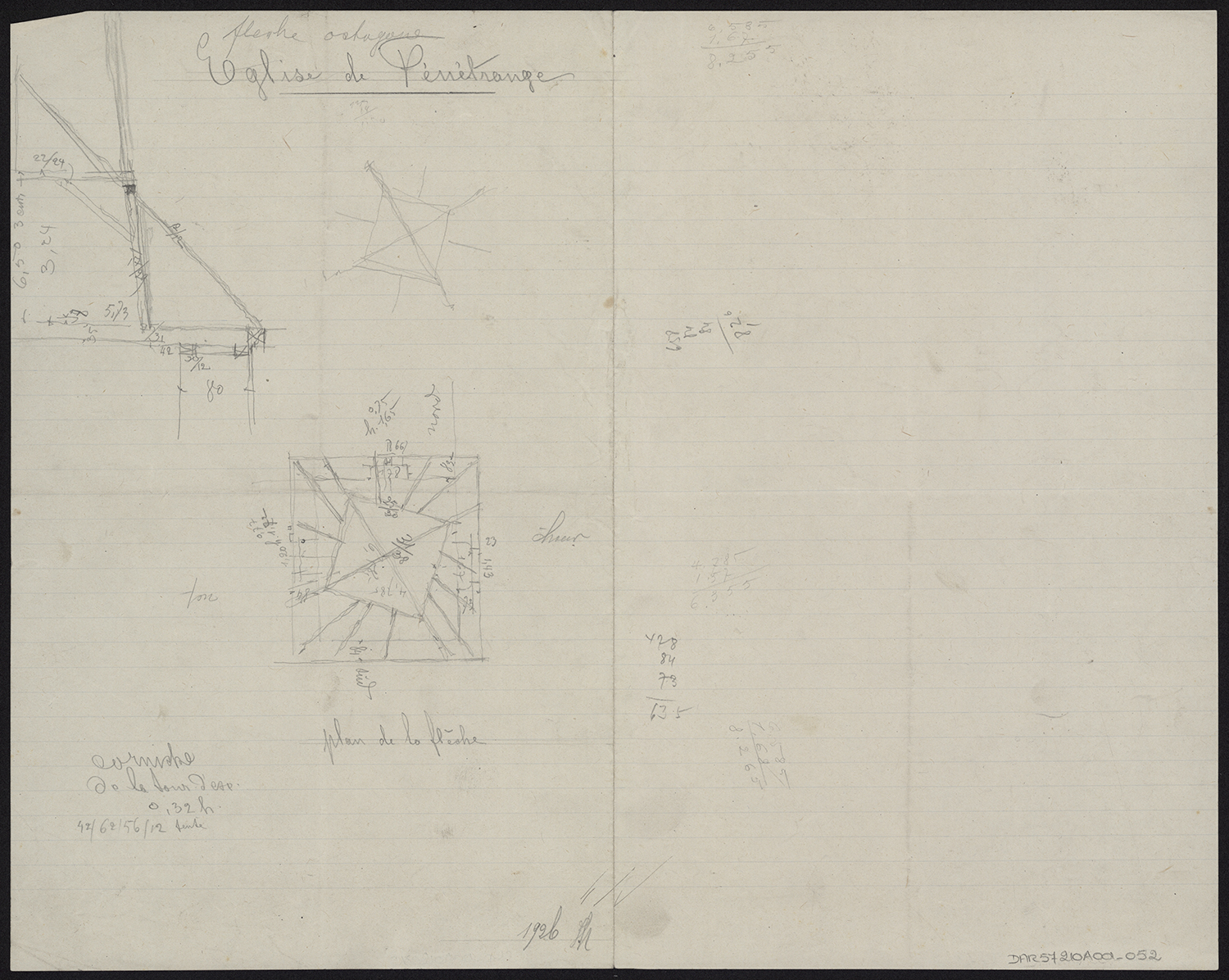 Plan partiel de la charpente du clocher et coupe sur la charpente de la flèche.