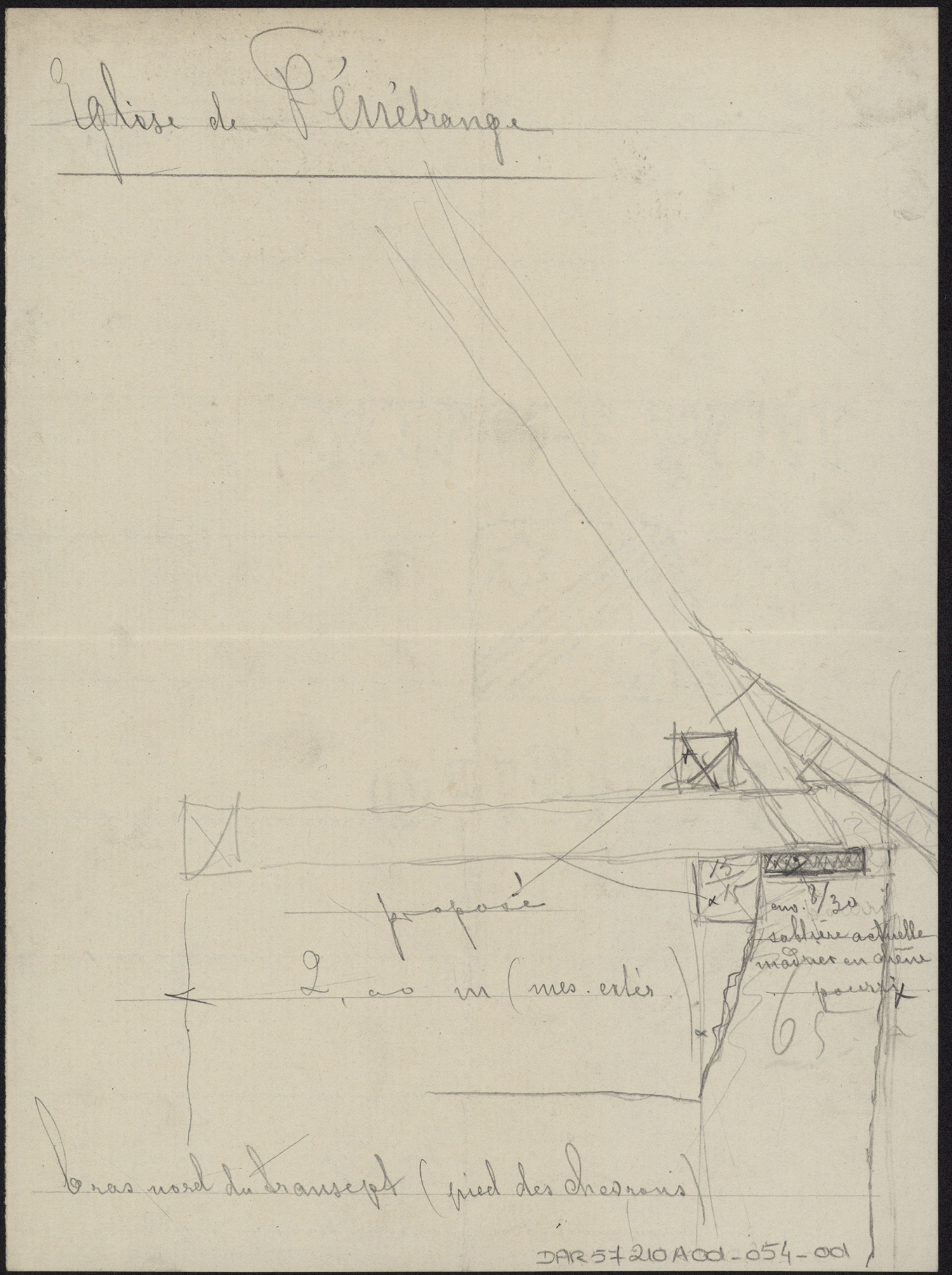 Croquis du pied des chevrons de la charpente du transept nord.