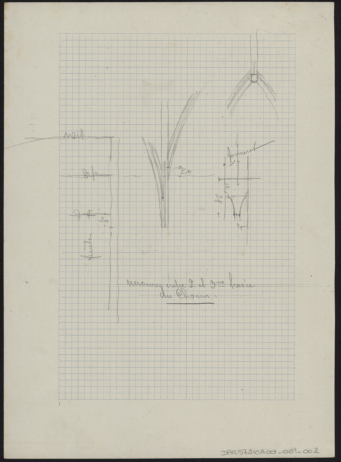Plan et croquis d’une nervure de voûte entre les 2e et 3e travée du choeur.