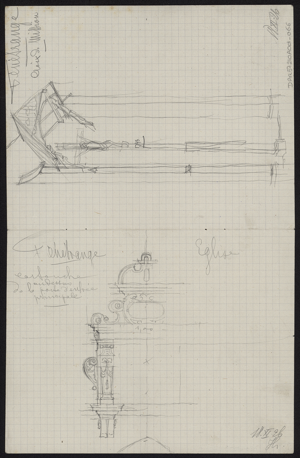 Croquis du Christ en croix de la façade occidentale et relevé du cartouche situé au-dessus du portail occidental. 