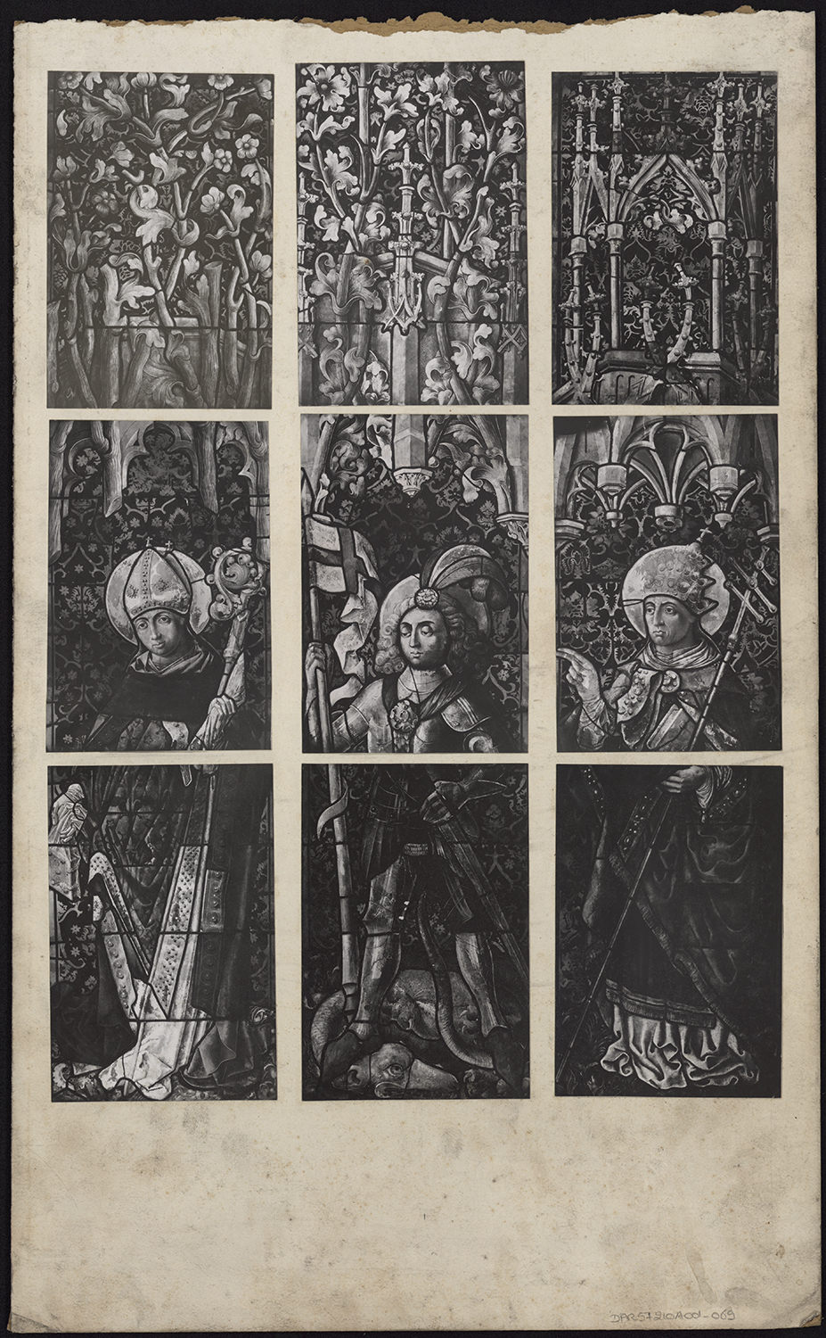 Vues d’ensemble de trois verrières du chœur représentant saint Michel terrassant le dragon et deux saint évêques.