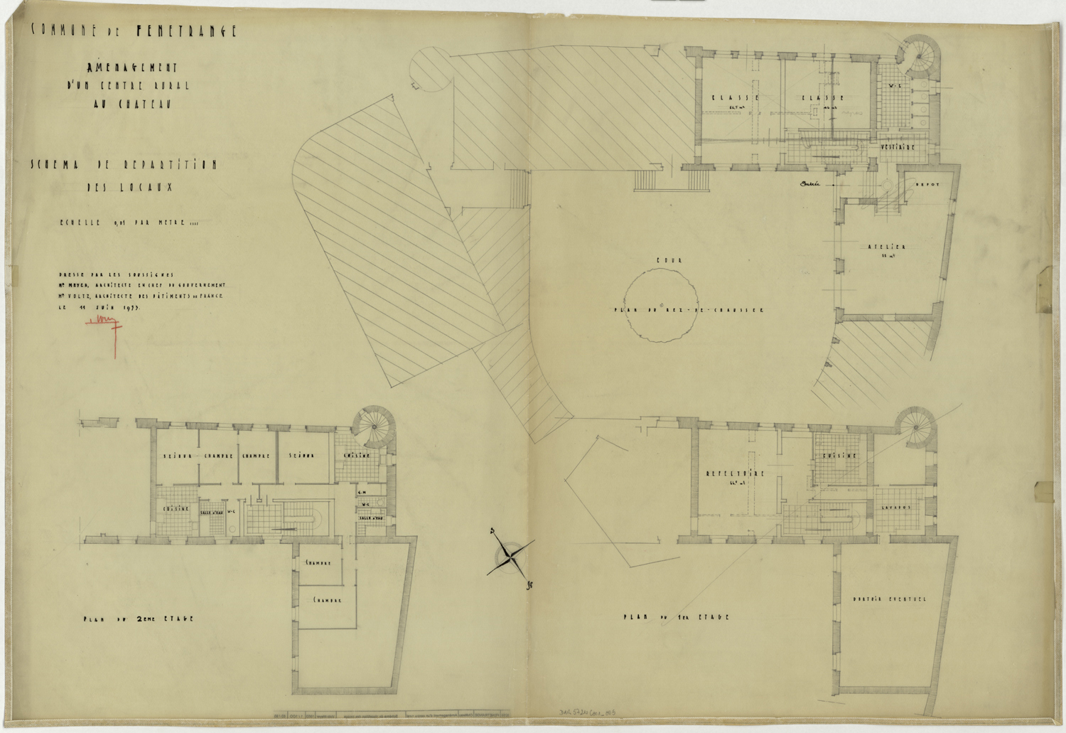 Projet d’aménagement d’un centre rural, plans de répartition des locaux par niveau.