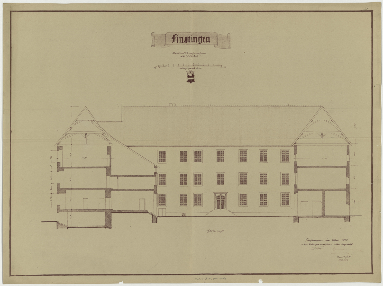 Coupes transversales du côté nord et élévation de la façade nord sur cour. 