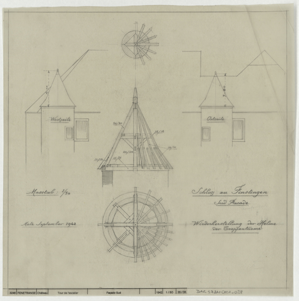 Restauration de la façade sud, plan et coupe sur la charpente d’une tourelle d’escalier. 
