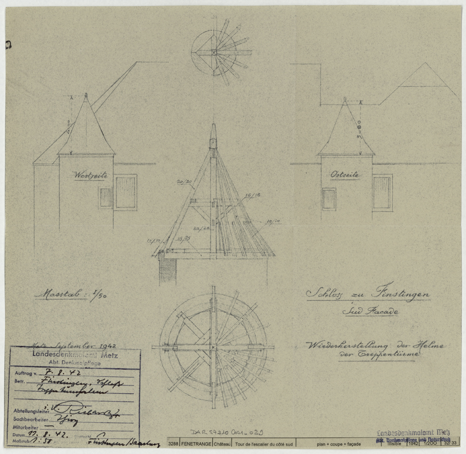 Restauration de la façade sud, plan et coupe sur la charpente d’une tourelle d’escalier. 