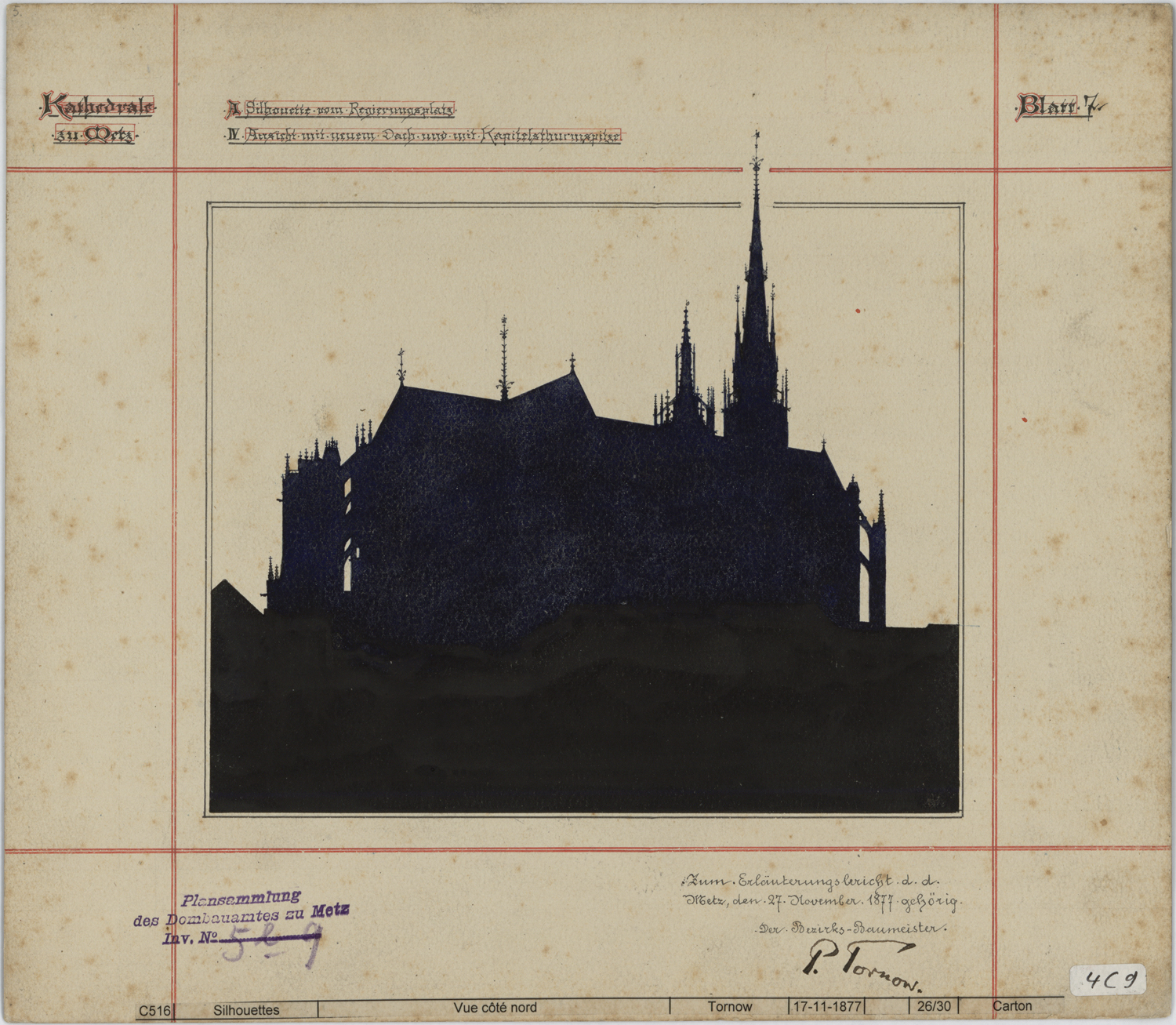 Projets de toiture et de flèche pour la tour du Chapitre, silhouette de la cathédrale du côté nord.