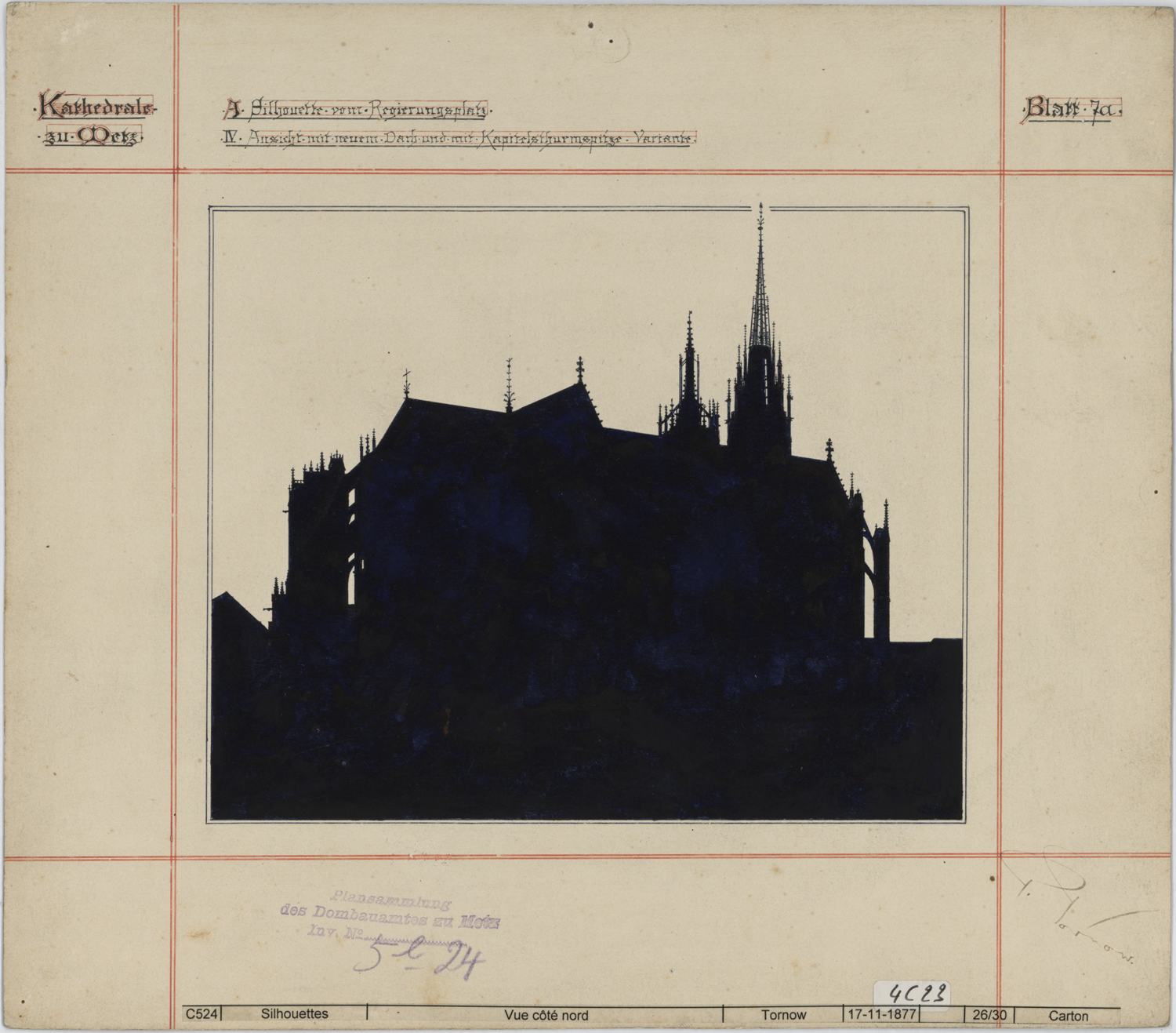 Projets de toiture et de flèche pour la tour du Chapitre, silhouette de la cathédrale du côté nord.