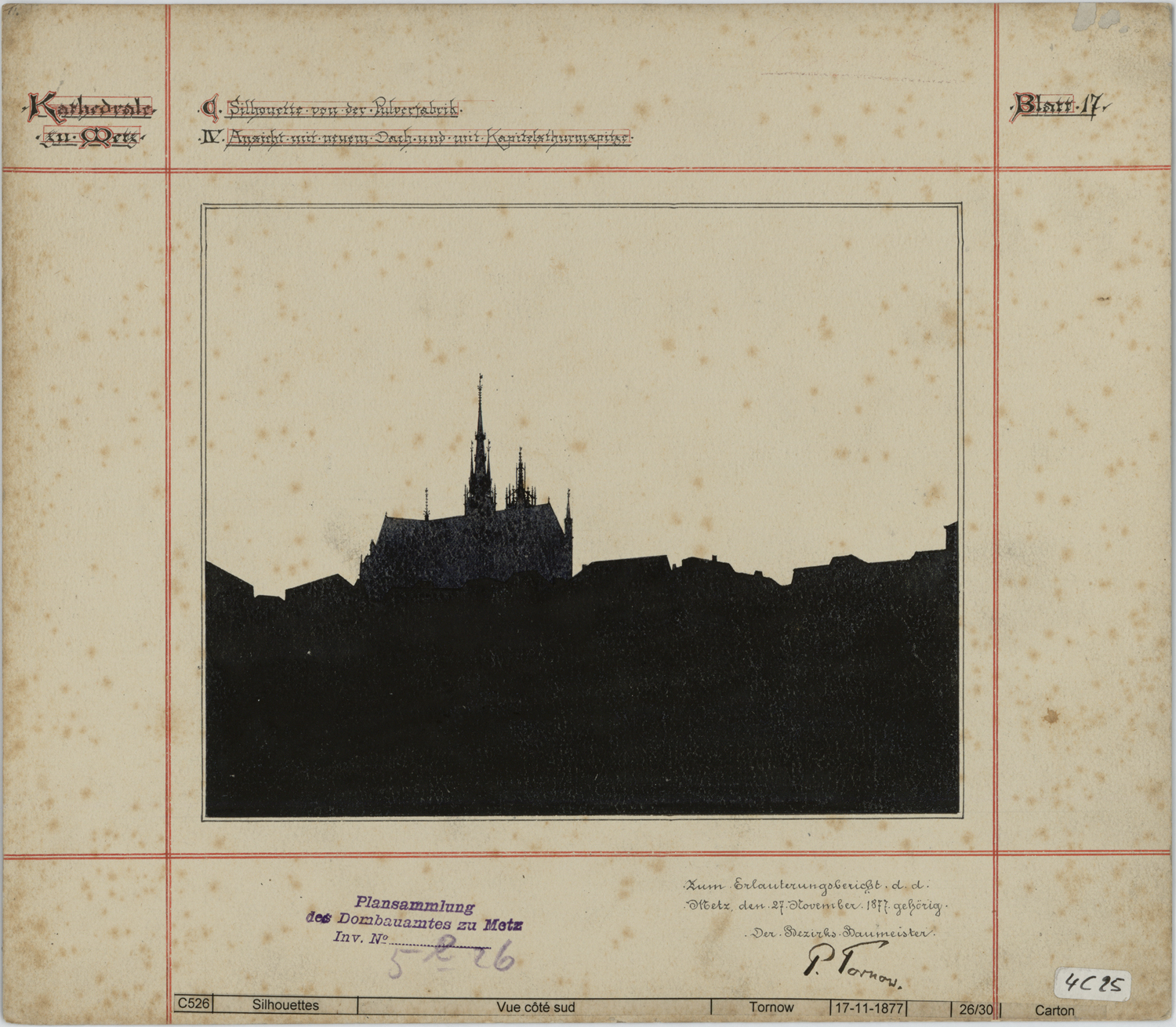 Projets de toiture et de flèche sur la tour du Chapitre, silhouette de la cathédrale du côté ouest.