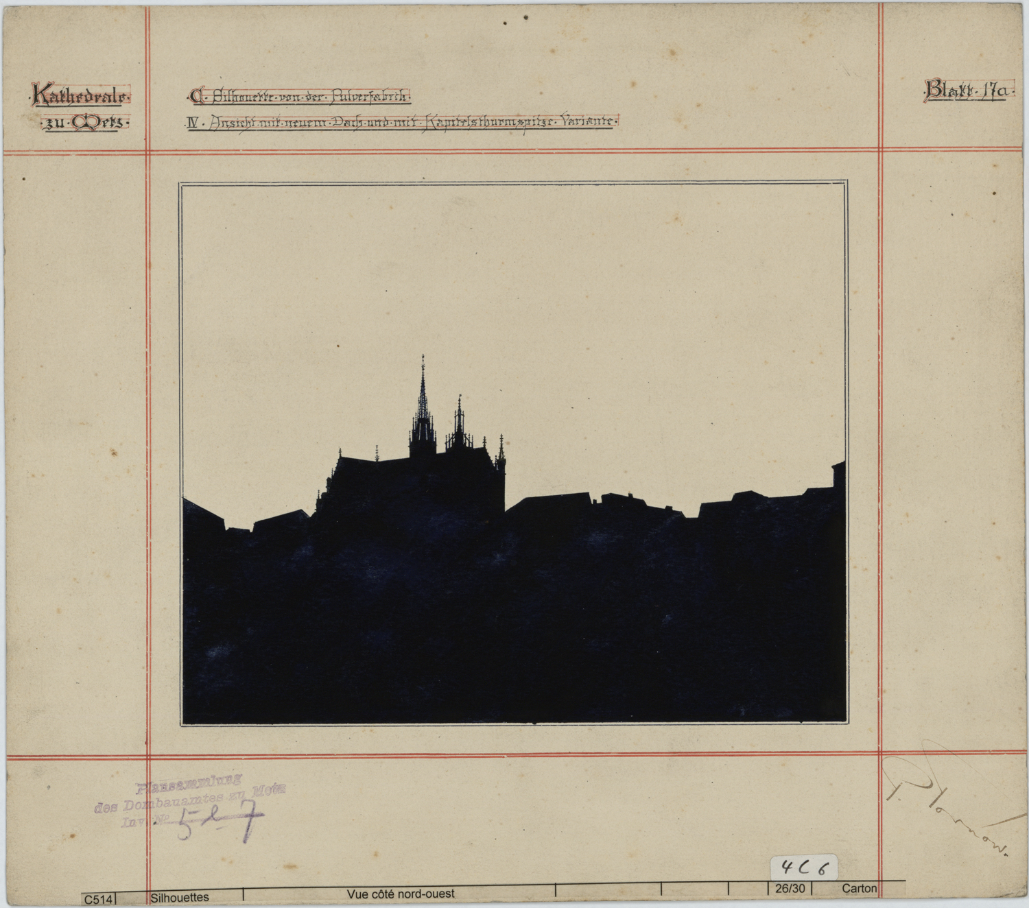 Projets de toiture et de flèche sur la tour du Chapitre, silhouette de la cathédrale du côté ouest.