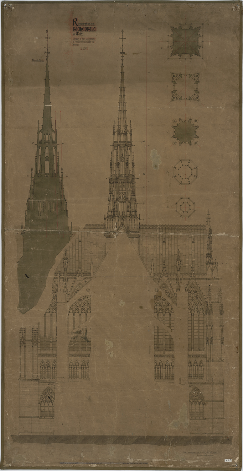 Projet de flèche à la croisée du transept, élévation, coupe et plans par niveau.