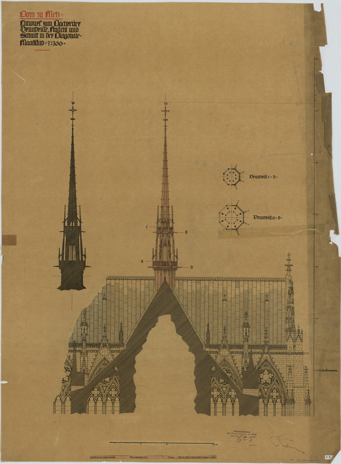 Projet de flèche à la croisée du transept, élévation, coupe et plans par niveau.