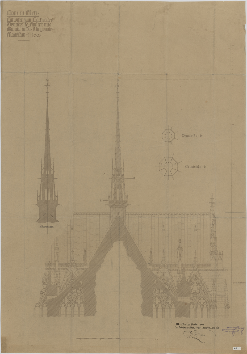 Projet de flèche à la croisée du transept, élévation, coupe et plans par niveau.